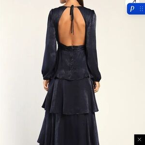 Lulus Tier For Love Navy Blue Satin Long Sleeve Tiered Maxi Dress - Size XS